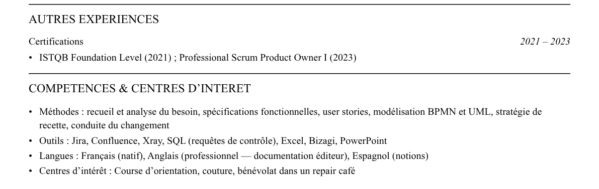CV consultant amoa : compétences et centres d’intérêt