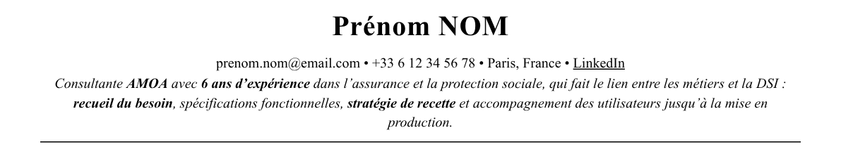 CV consultant amoa : en-tête et accroche
