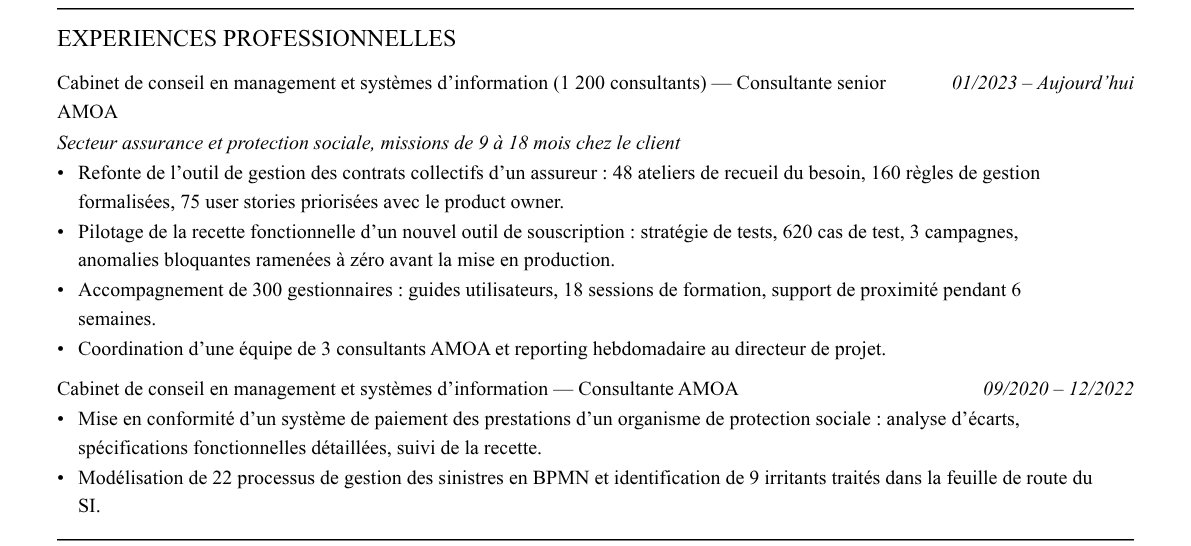 CV consultant amoa : expériences