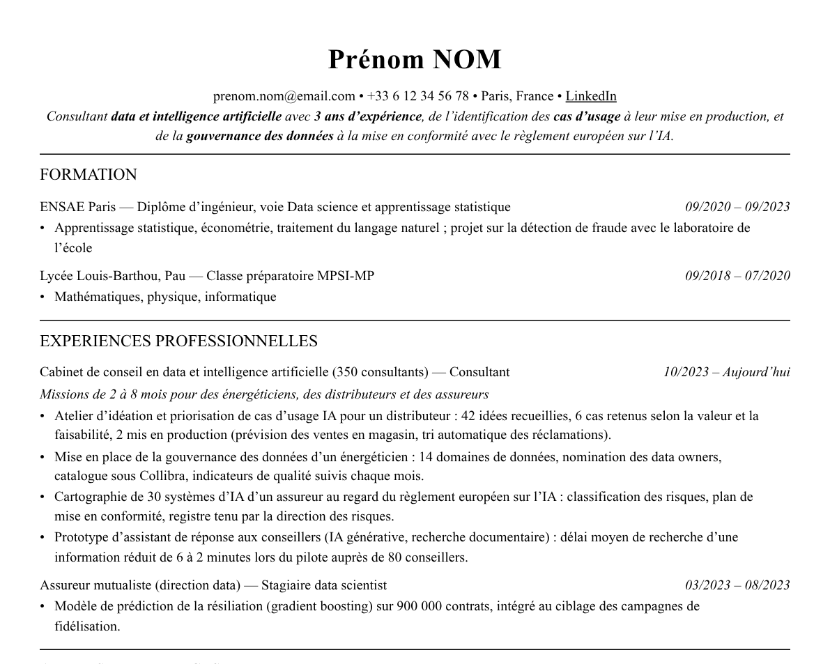 Aperçu : Exemple de CV Consultant data et IA
