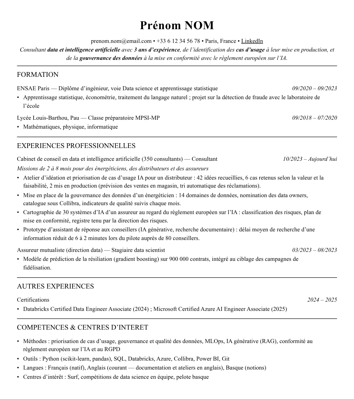 CV consultant data et ia complet sur une page