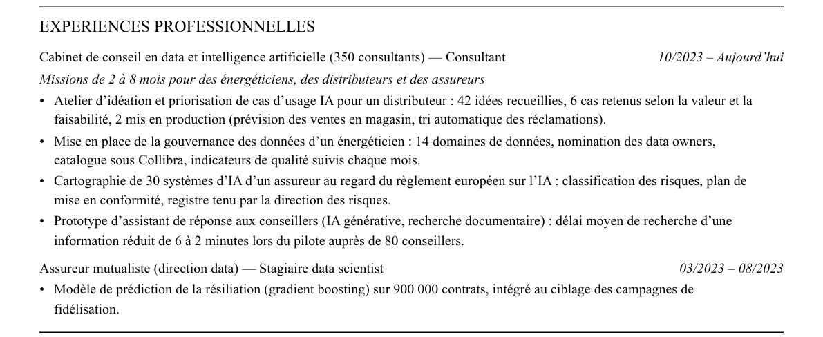 CV consultant data et ia : expériences
