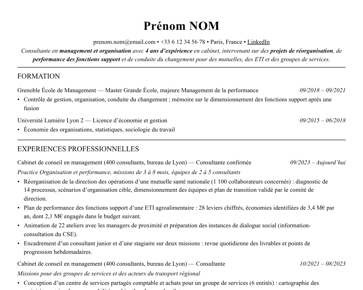 Aperçu : Exemple de CV Consultant en management et organisation