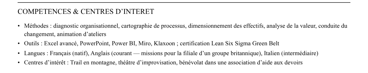 CV consultant en management et organisation : compétences et centres d’intérêt