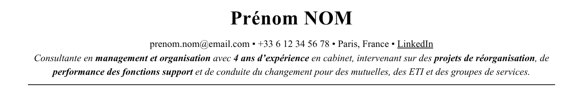 CV consultant en management et organisation : en-tête et accroche