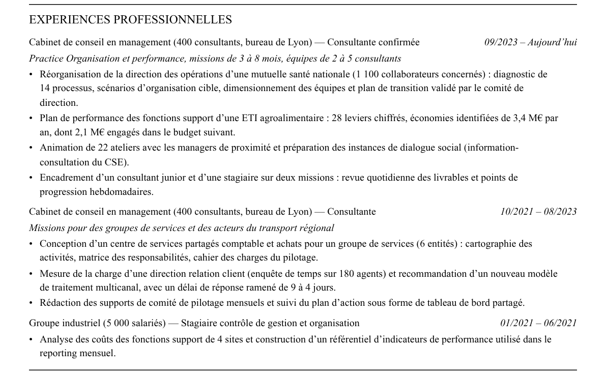 CV consultant en management et organisation : expériences