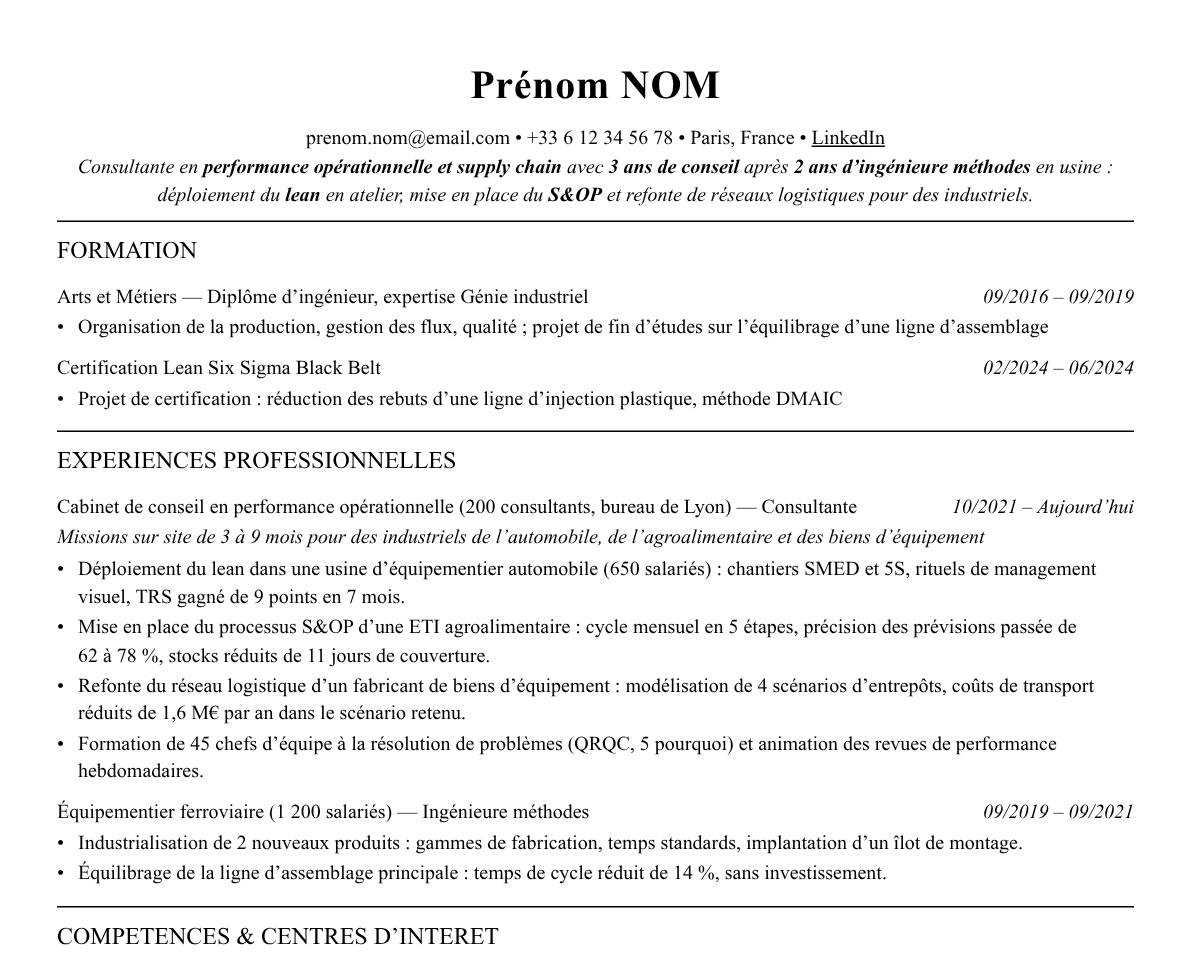 Aperçu : Exemple de CV Consultant en opérations et supply chain