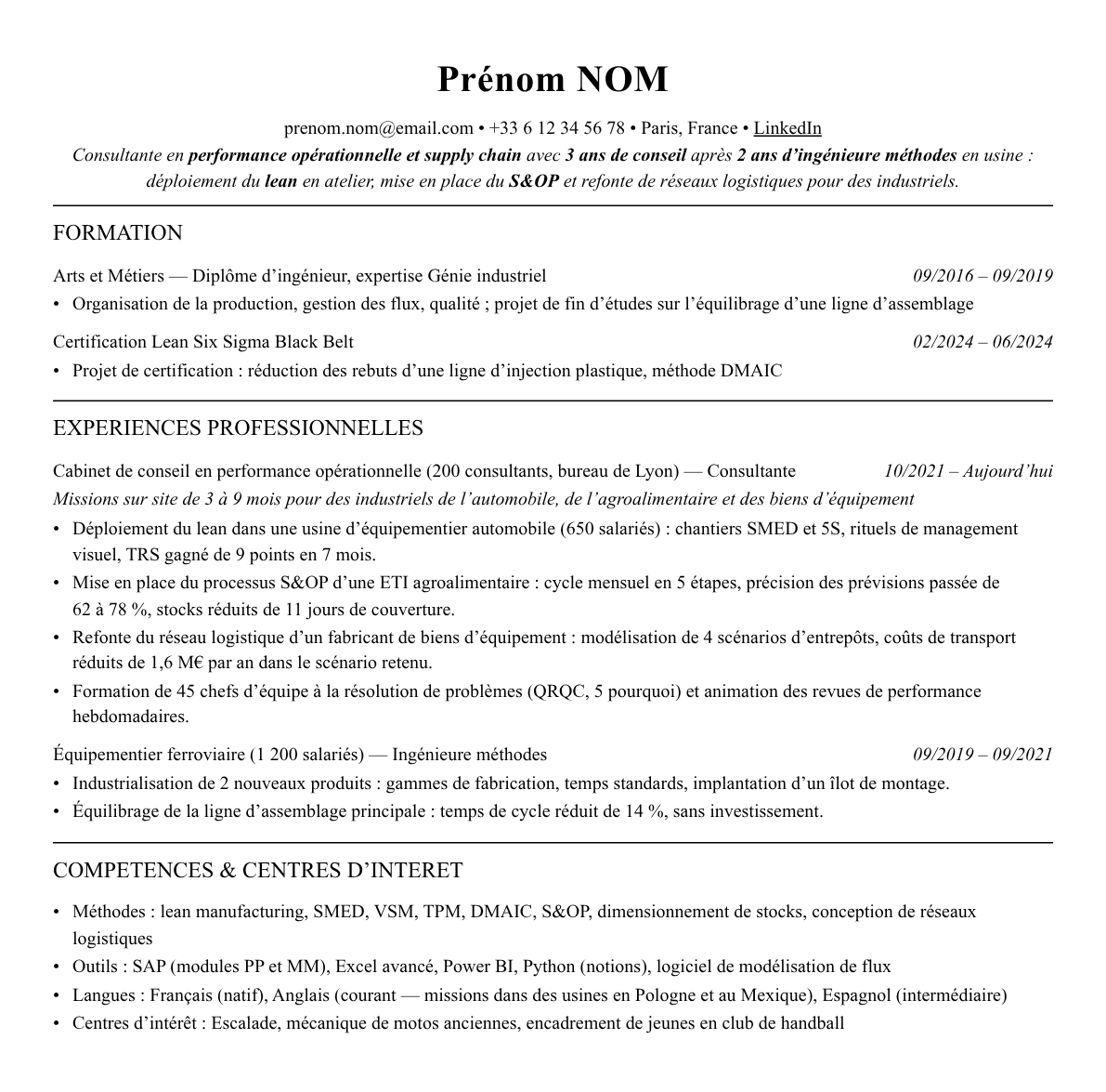 CV consultant en opérations et supply chain complet sur une page