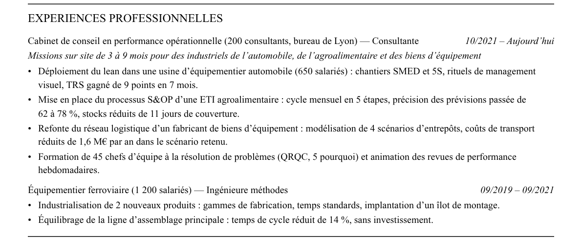 CV consultant en opérations et supply chain : expériences