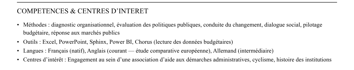 CV consultant secteur public : compétences et centres d’intérêt