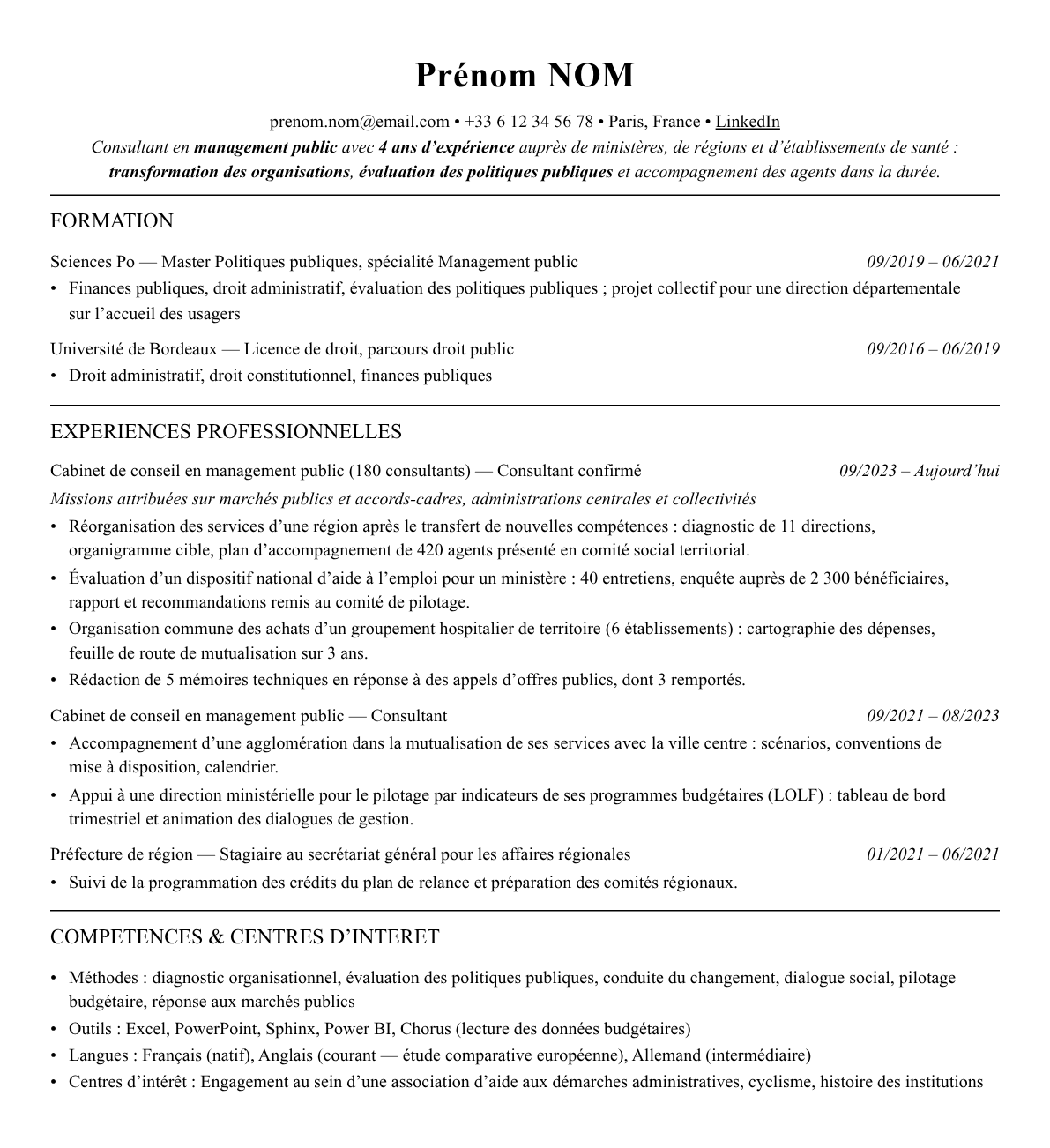 CV consultant secteur public complet sur une page