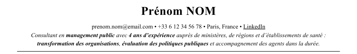 CV consultant secteur public : en-tête et accroche