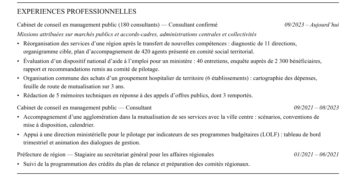 CV consultant secteur public : expériences