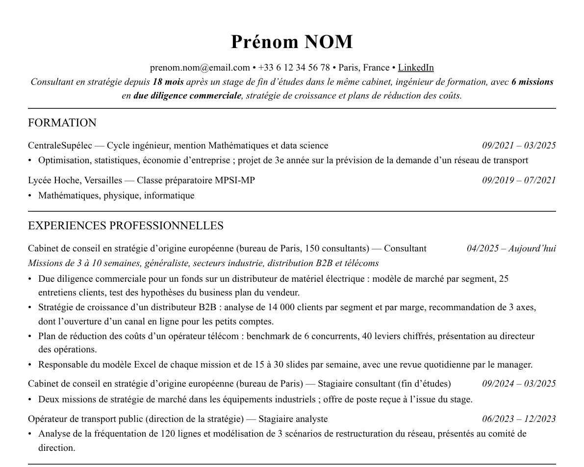 Aperçu : Exemple de CV Consultant en stratégie