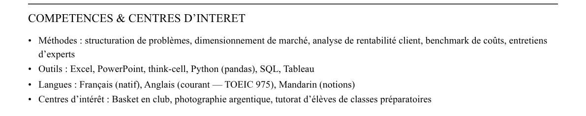CV consultant en stratégie : compétences et centres d’intérêt