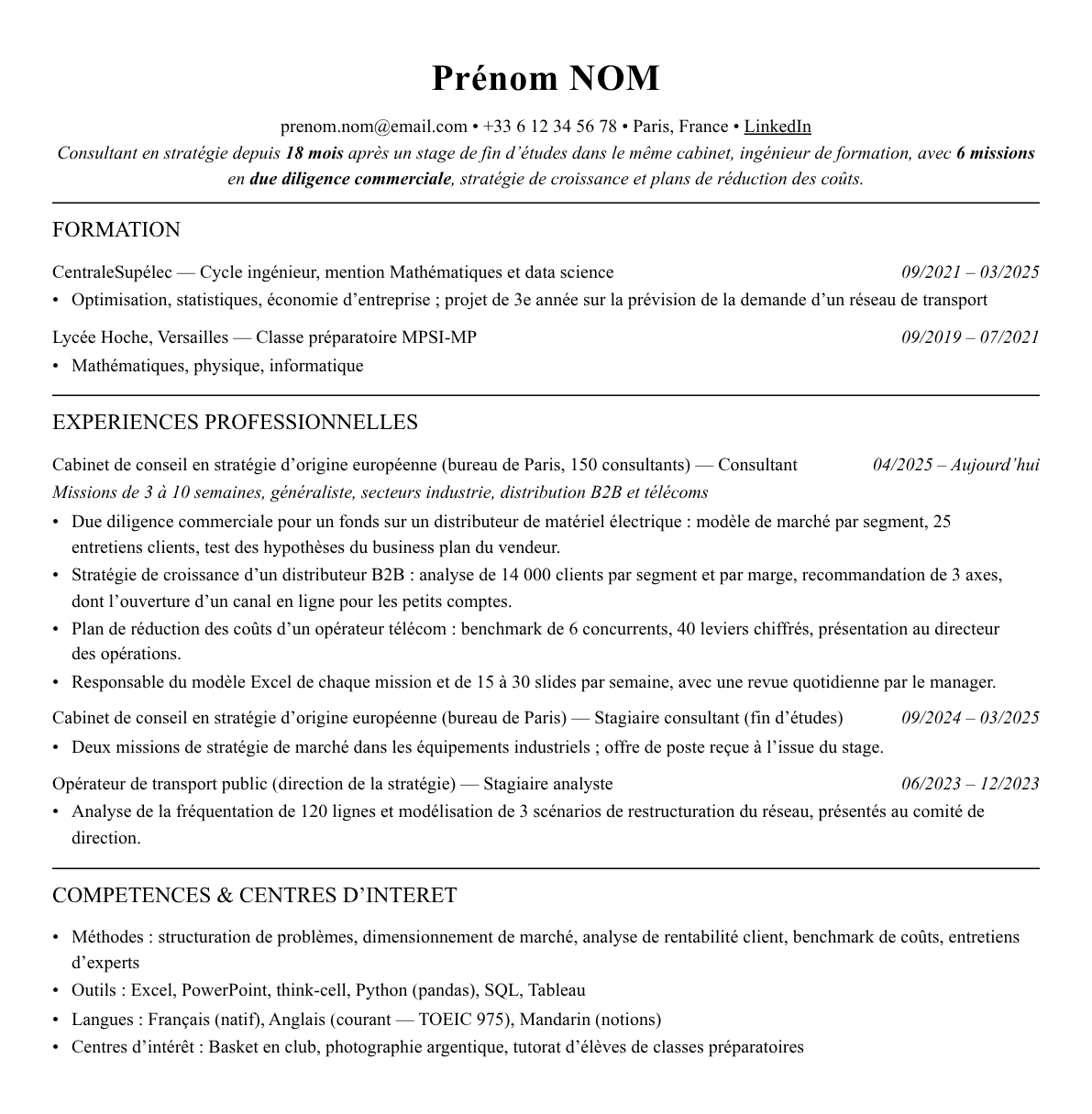 CV consultant en stratégie complet sur une page