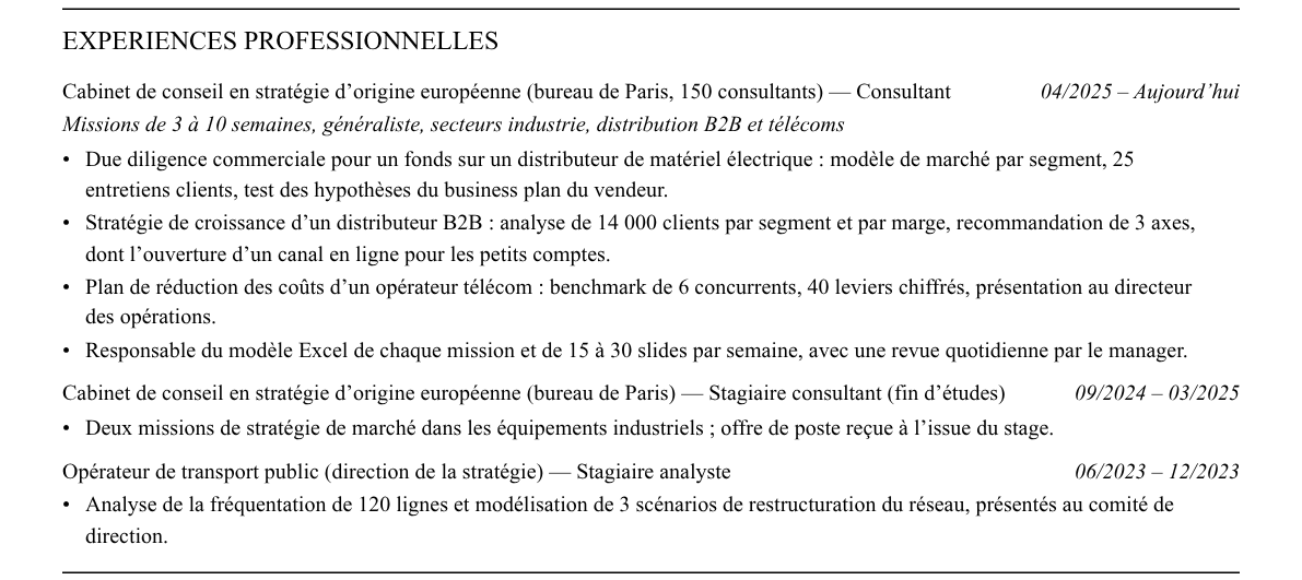 CV consultant en stratégie : expériences
