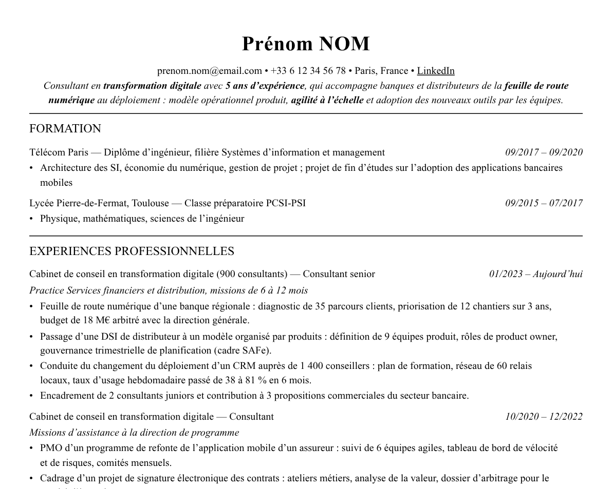 Aperçu : Exemple de CV Consultant en transformation digitale