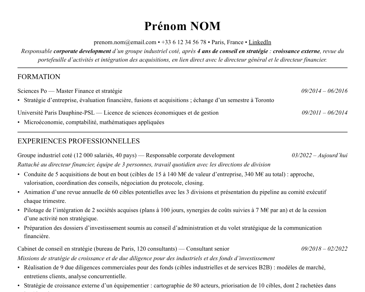 Aperçu : Exemple de CV Responsable corporate development