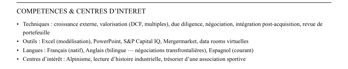 CV responsable corporate development : compétences et centres d’intérêt