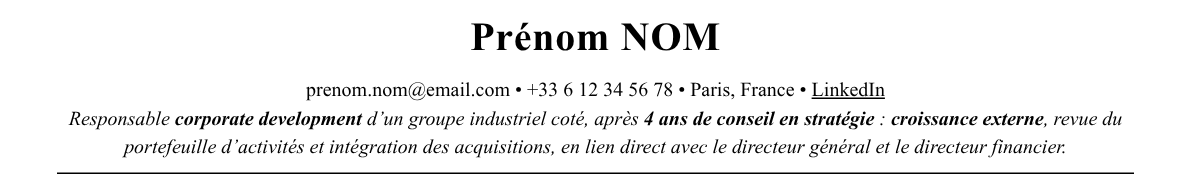 CV responsable corporate development : en-tête et accroche