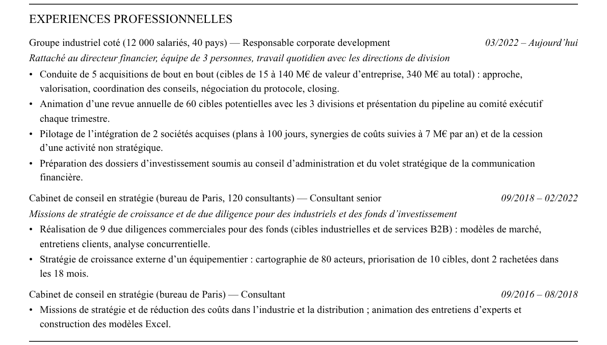 CV responsable corporate development : expériences