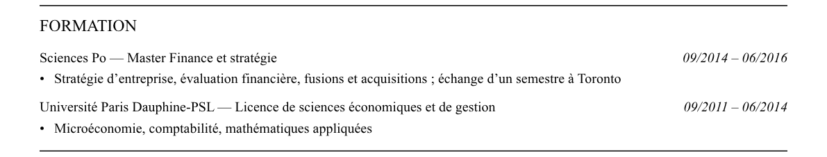 CV responsable corporate development : formation