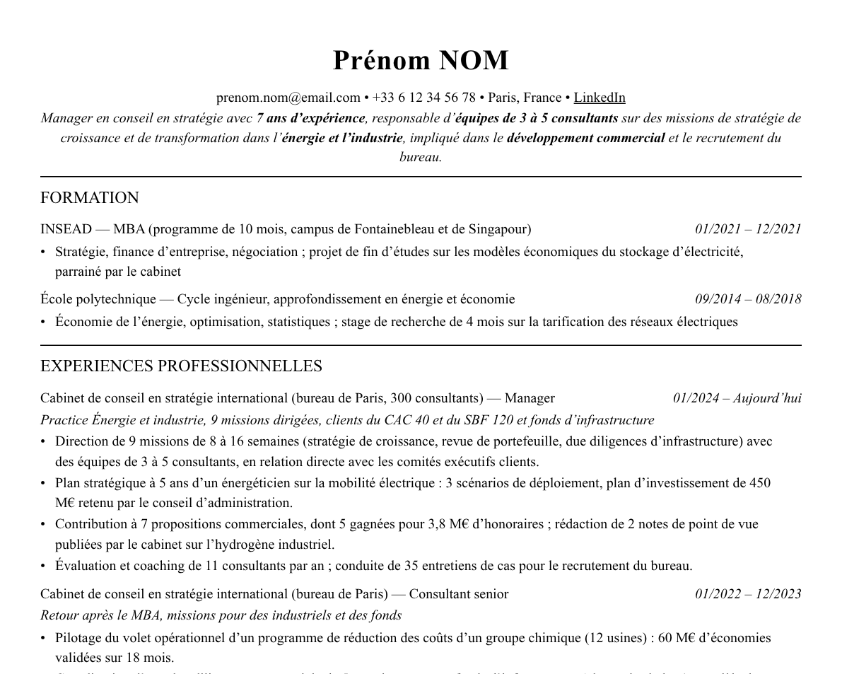 Aperçu : Exemple de CV Manager en conseil en stratégie