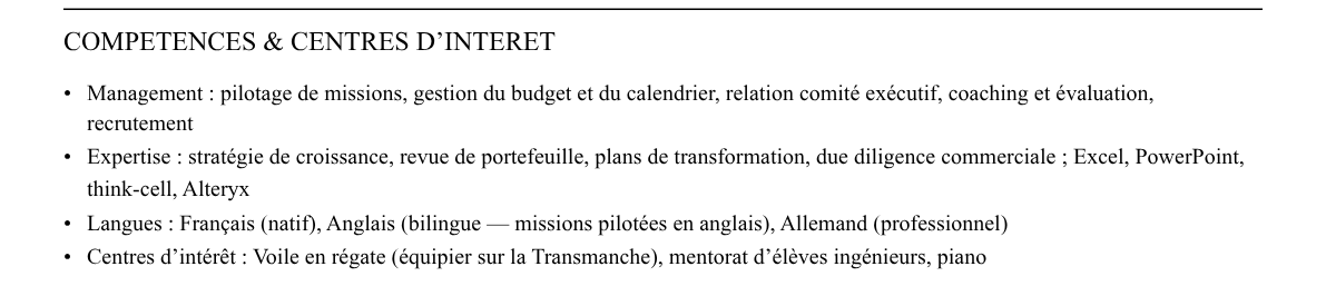 CV manager en conseil en stratégie : compétences et centres d’intérêt