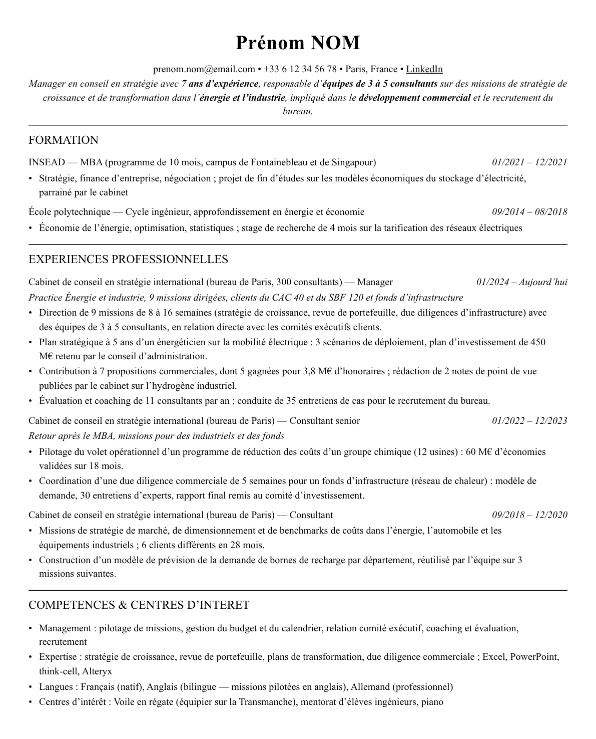 CV manager en conseil en stratégie complet sur une page
