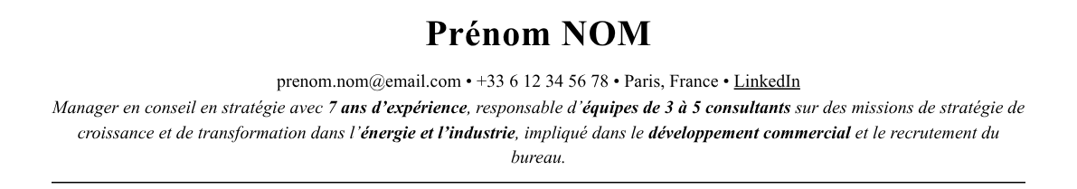 CV manager en conseil en stratégie : en-tête et accroche
