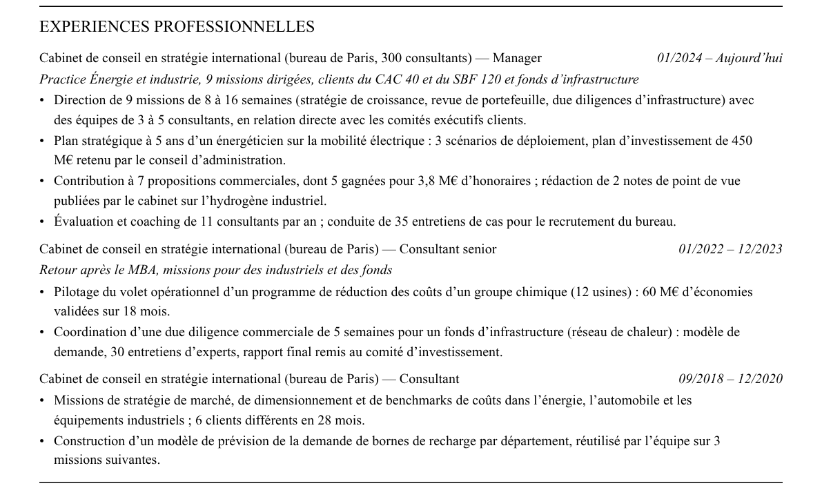 CV manager en conseil en stratégie : expériences