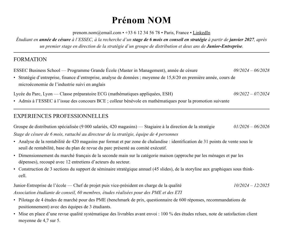 Aperçu : Exemple de CV Stagiaire en conseil en stratégie