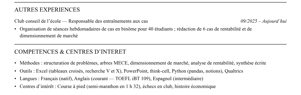 CV stagiaire en conseil en stratégie : compétences et centres d’intérêt