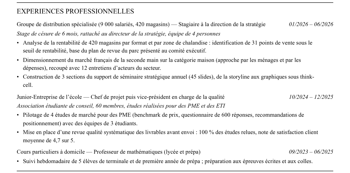 CV stagiaire en conseil en stratégie : expériences
